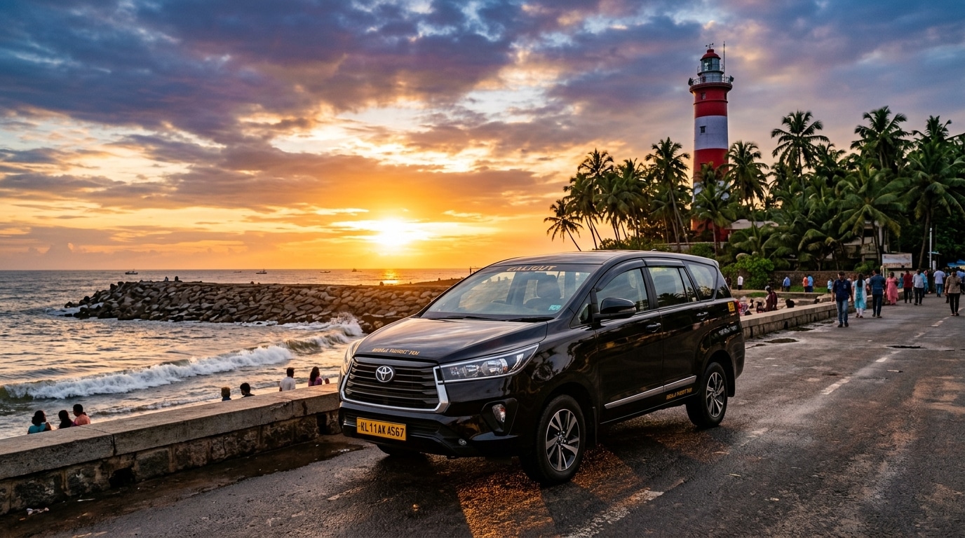 Blessing Taxi Innova at Calicut Beach Coastal Road with Lighthouse