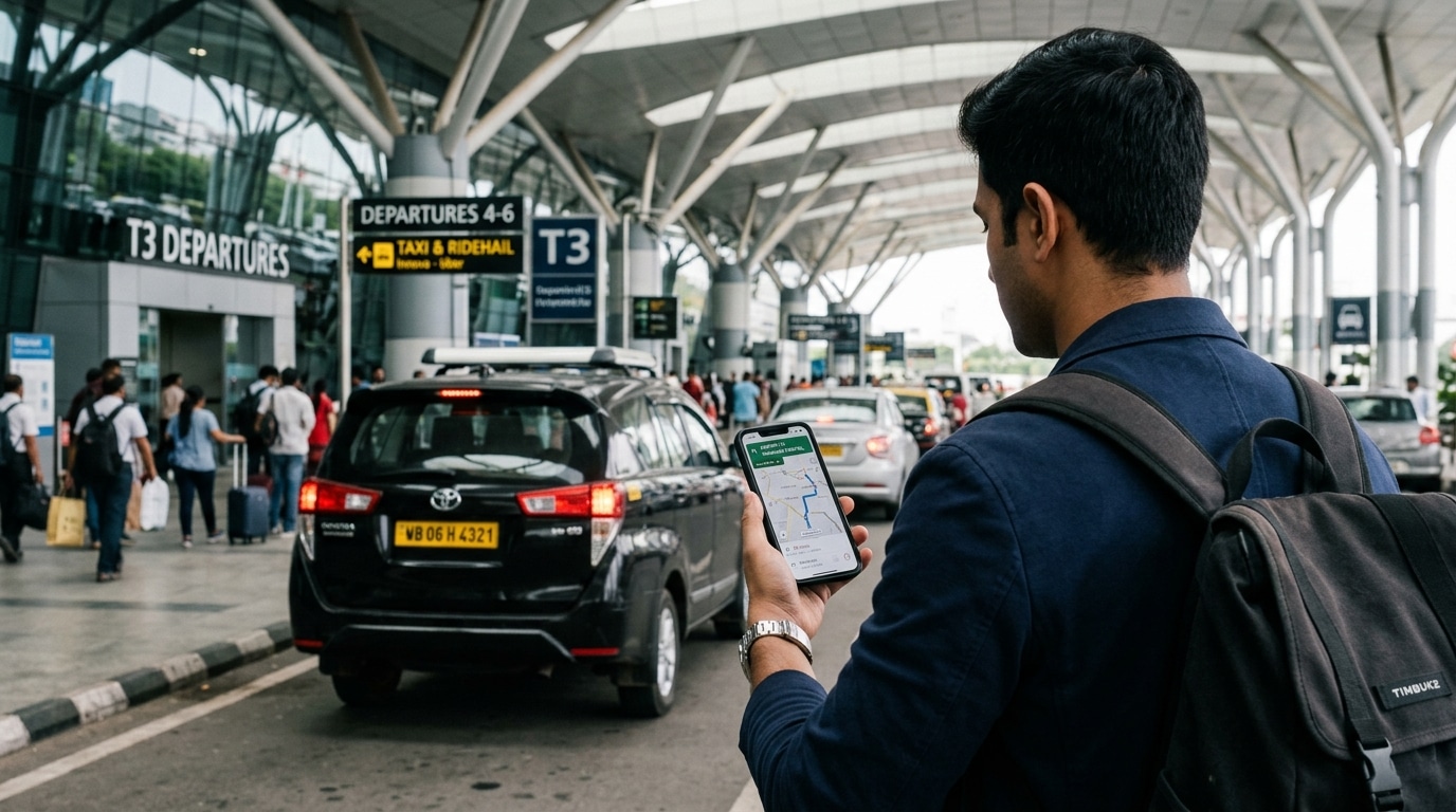 Passenger booking a Blessing Taxi at airport terminal in Kerala